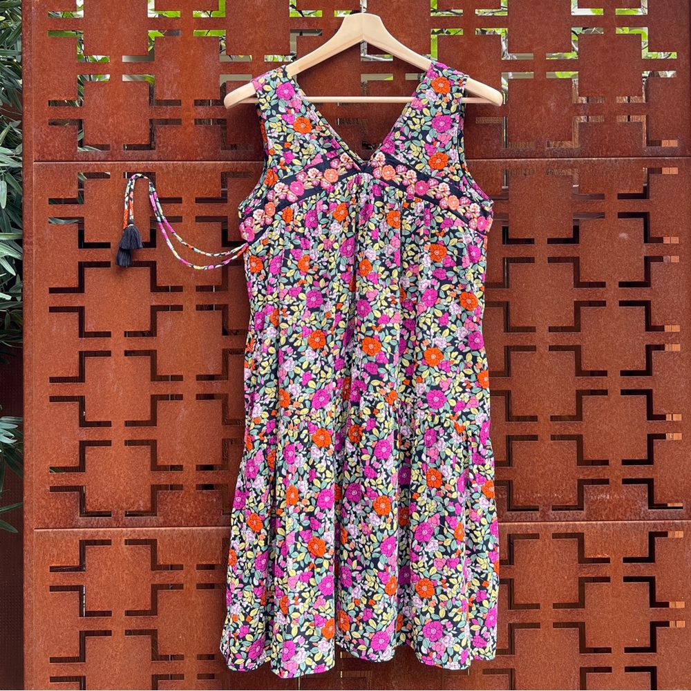 Anthropologie Floral Summer Dress With Embroidered Neck Detail